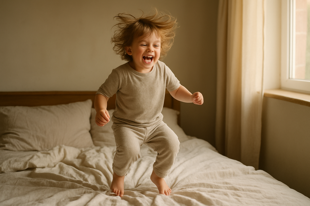 4 years old kid jumping on the bed, realistic